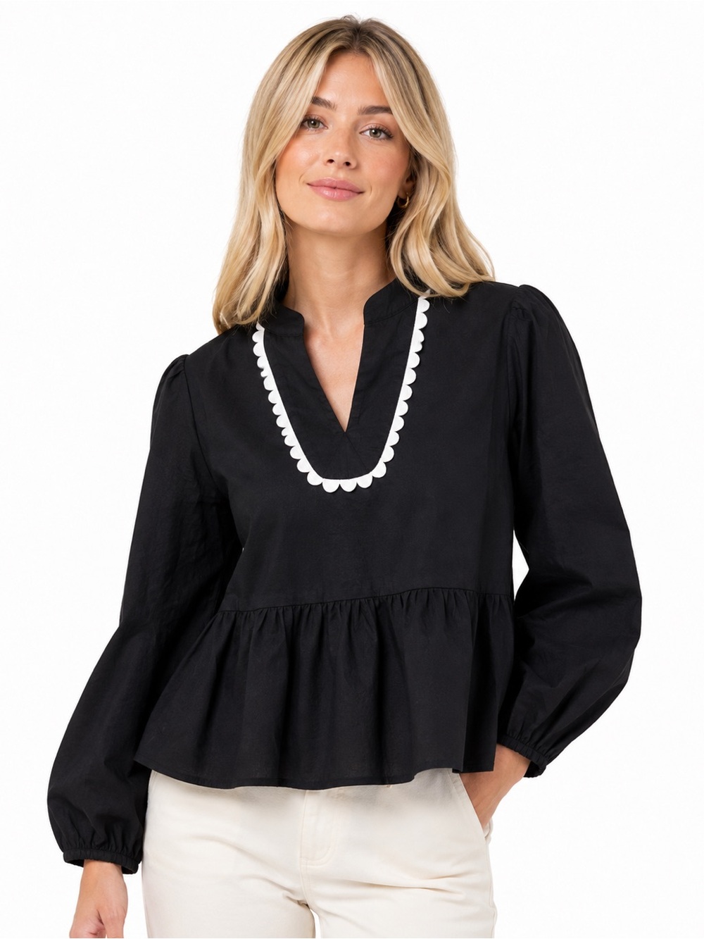 NWT Cicy Bell Size XL Black Peplum V-Neck Women's Top with White Trim